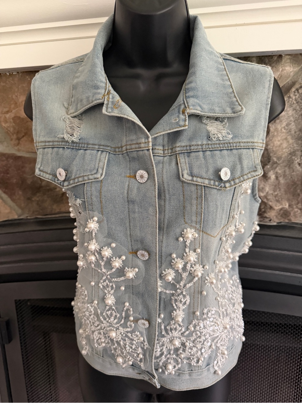 Light Wash Denim Vest with Pearl & Bead Accents small